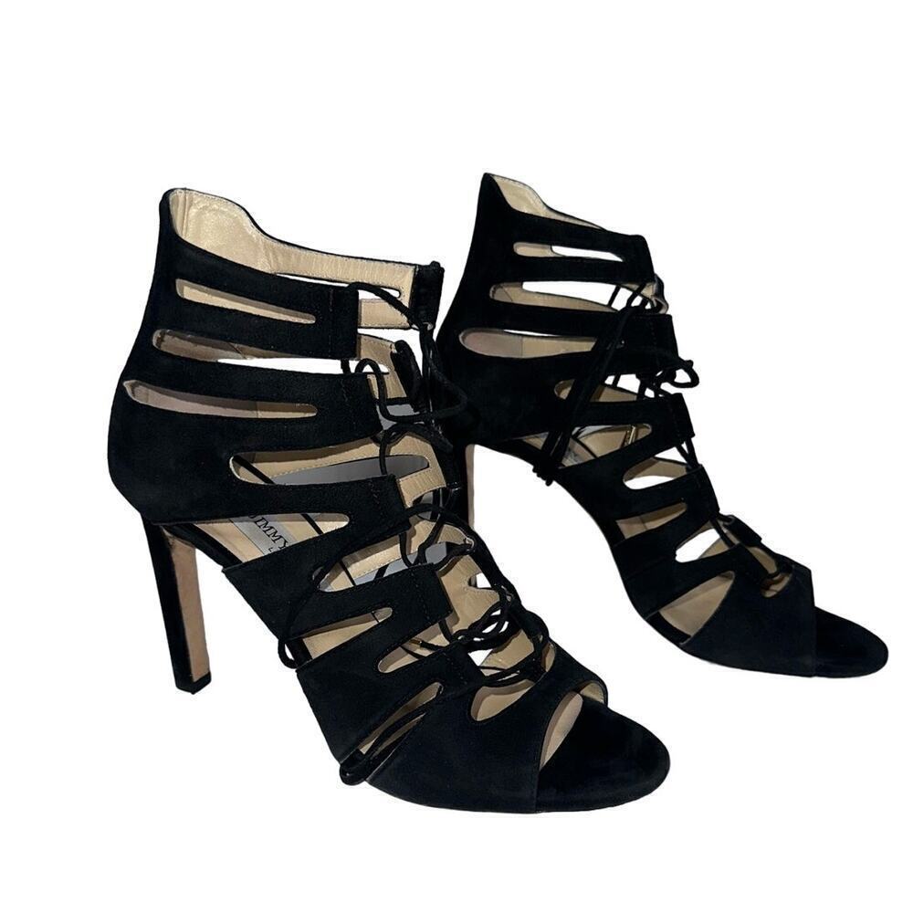 Jimmy Choo Hitch 100 Mirrored Lace Up Cage Heels Black Size EU 39.5 Gladiator